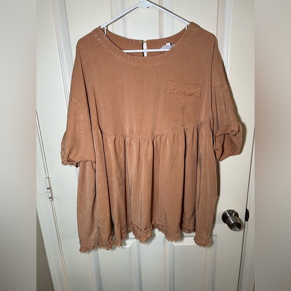 Sewn + Seen Washed Brown Babydoll Peplum Top Raw Hem Pocket Size L - Picture 5 of 9